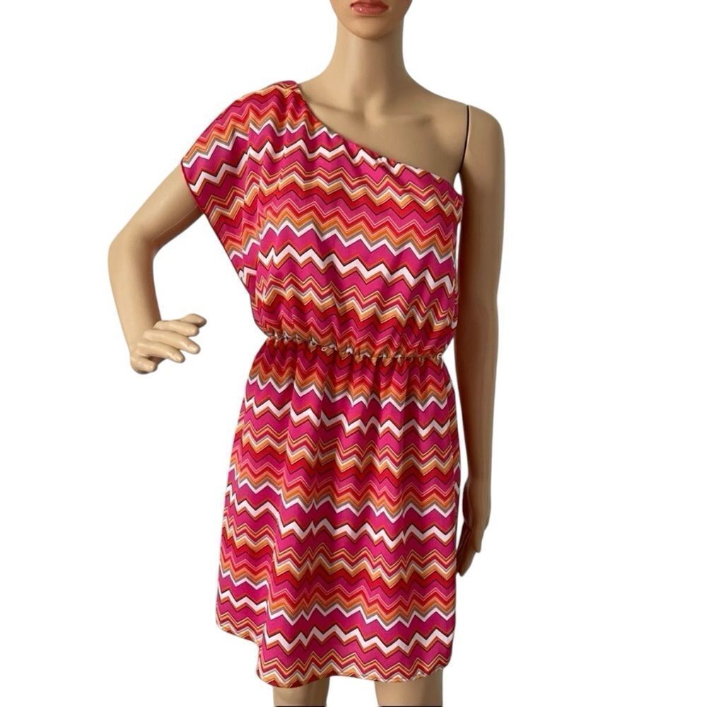 IZ Byer One Shoulder Pink Red White Chevron Pattern Mini Dress Size Medium